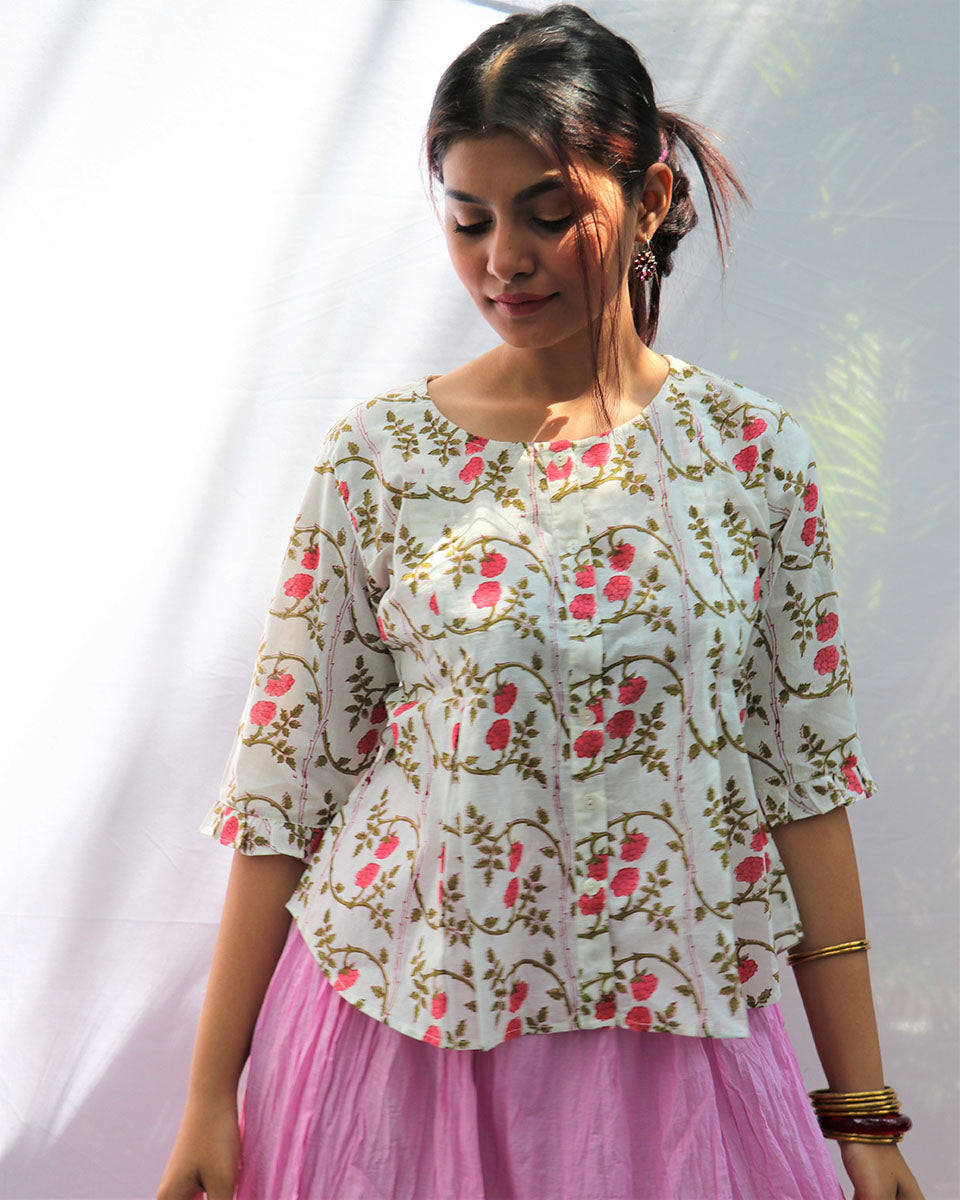 Chidiyaa Floral White Block Printed Front Button Cotton Top - Fos