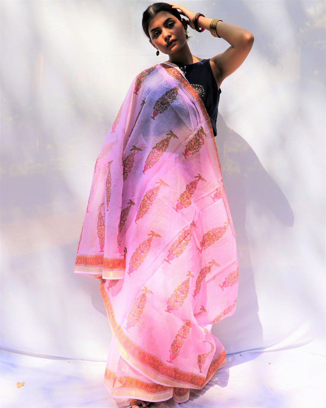 Chidiyaa Bloom Pink Kota Hand Printed Saree with Unstitched Blouse - Fos