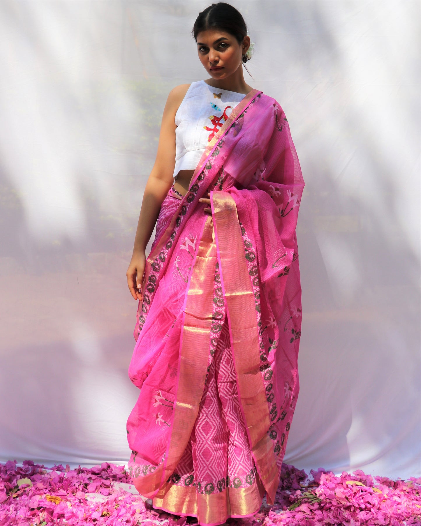 Chidiyaa Rani Kota Hand Printed Saree with Unstitched Blouse - Fos