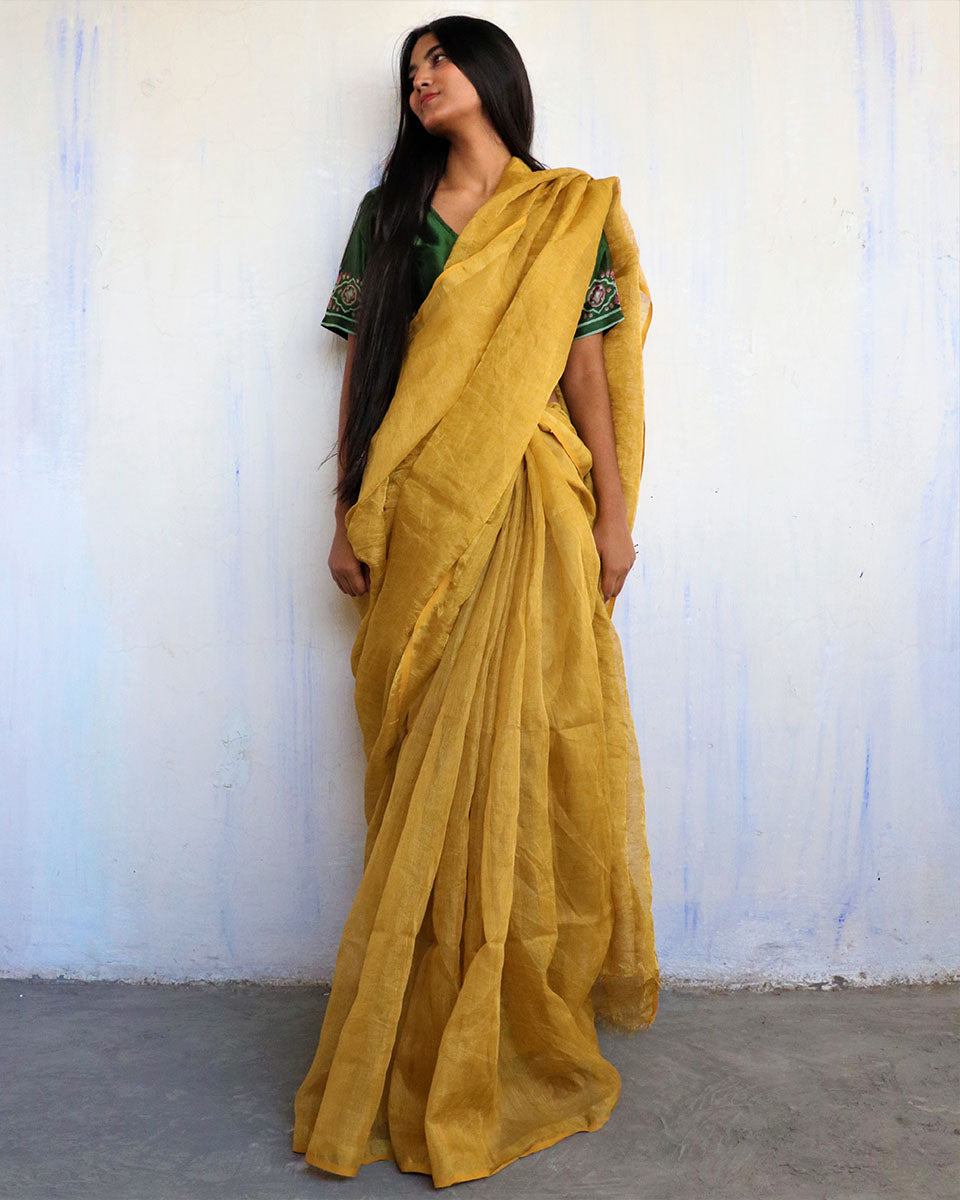 Chidiyaa Mustard Linen Saree with Unstitched Blouse