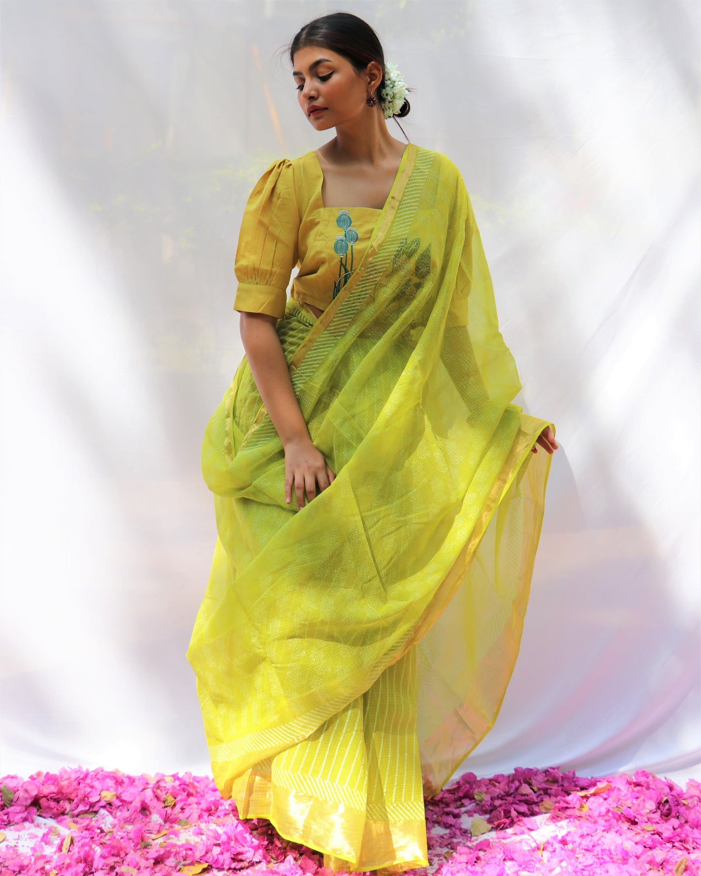 Chidiyaa Lush Lime Green Kota Hand Printed Saree with Unstitched Blouse - Fos