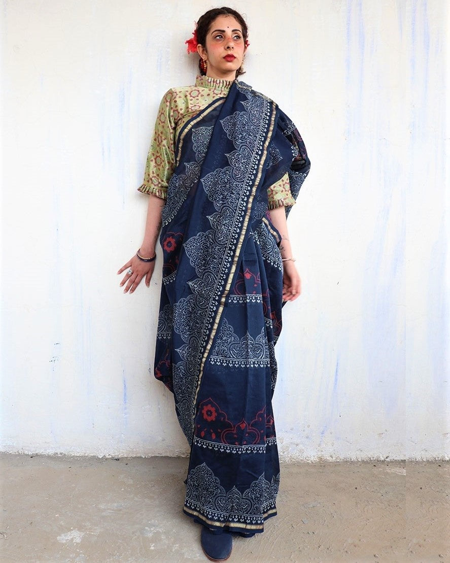 Chidiyaa Blue Chanderi Saree with Unstitched Blouse