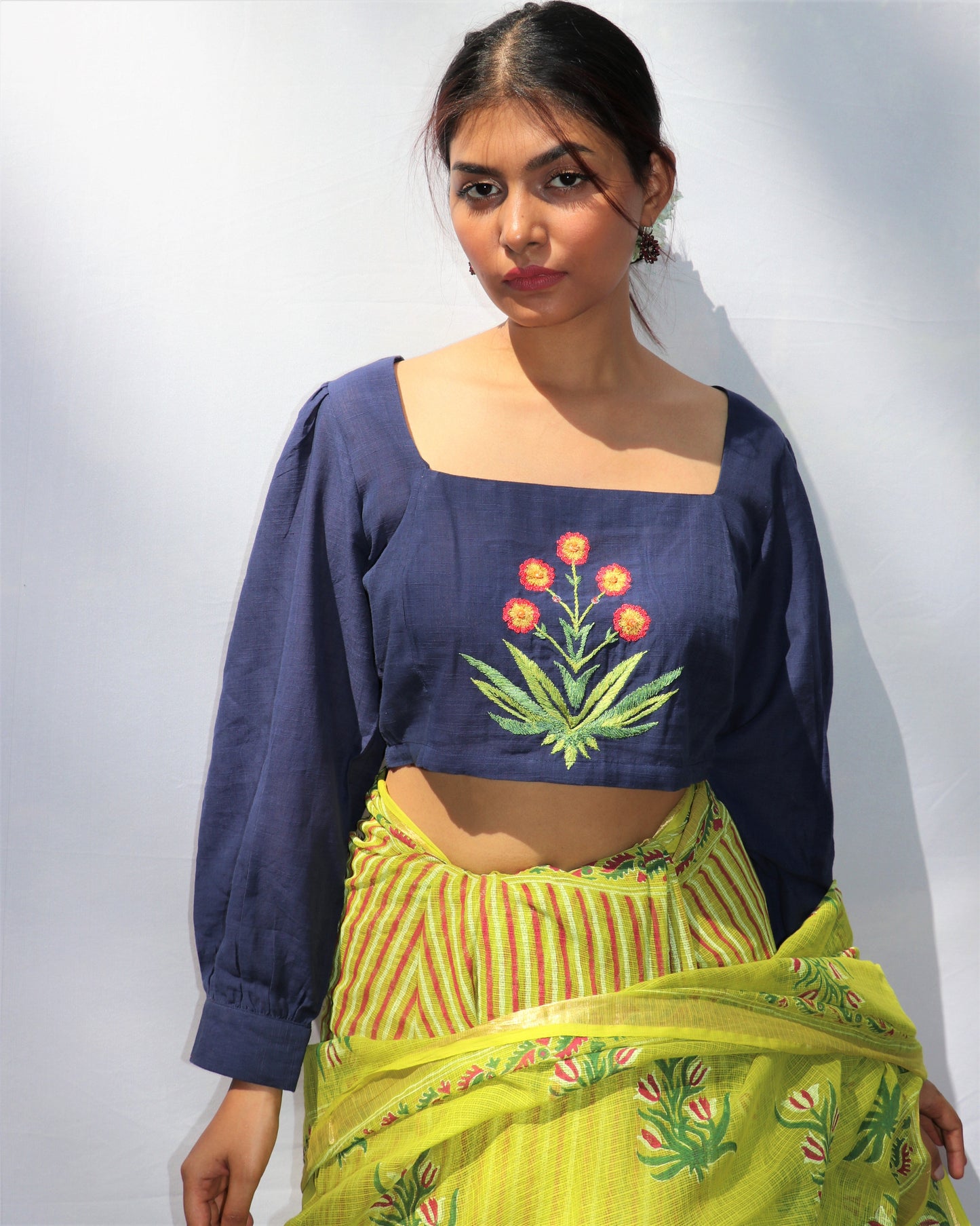 Chidiyaa Flora Blue Full Sleeved Hand Embroidered Handwoven Cotton Blouse - Fos