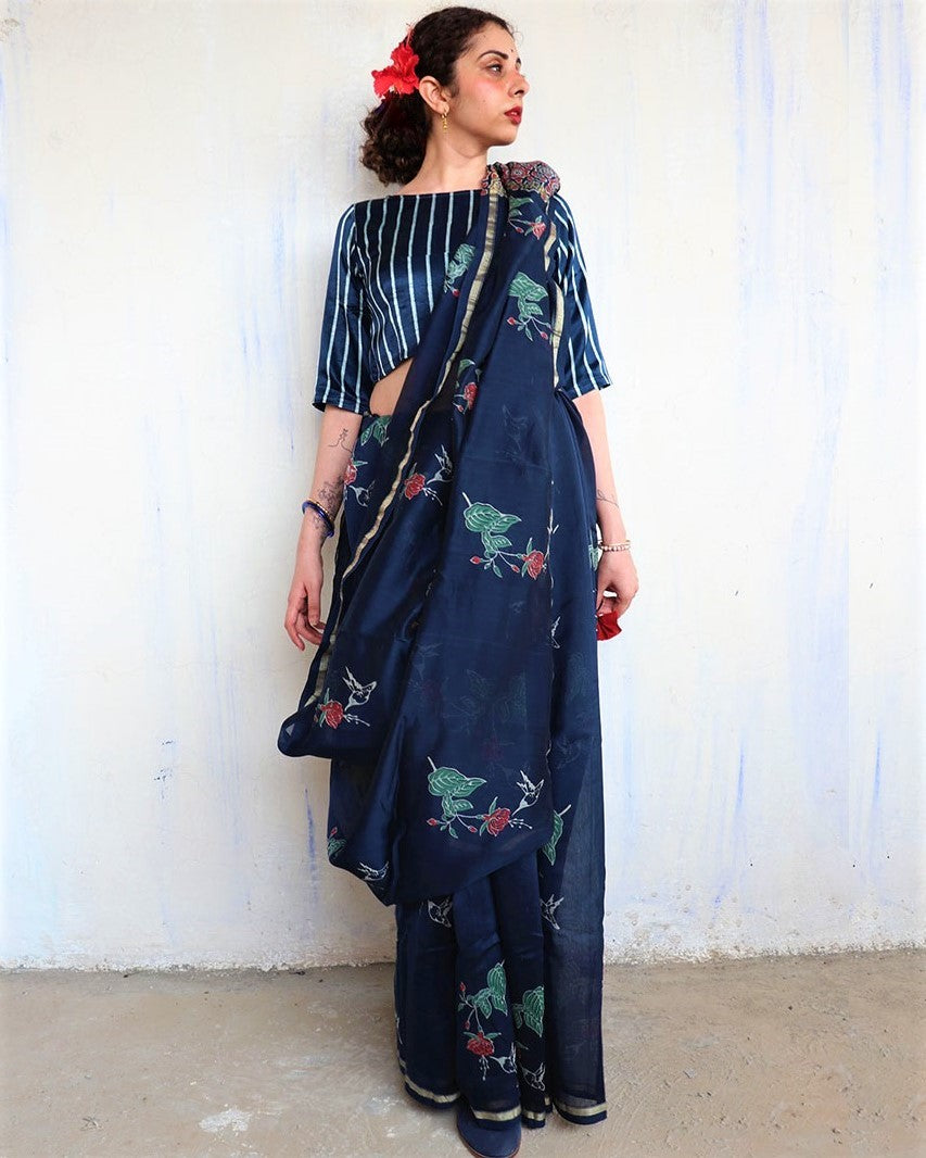 Chidiyaa Blue Chanderi Saree with Unstitched Blouse