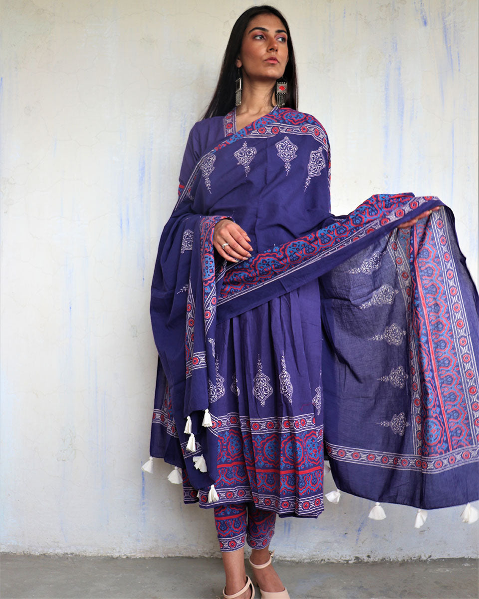 CHIDIYAA Purple Pure Cotton Block Printed Dupatta Ajooni