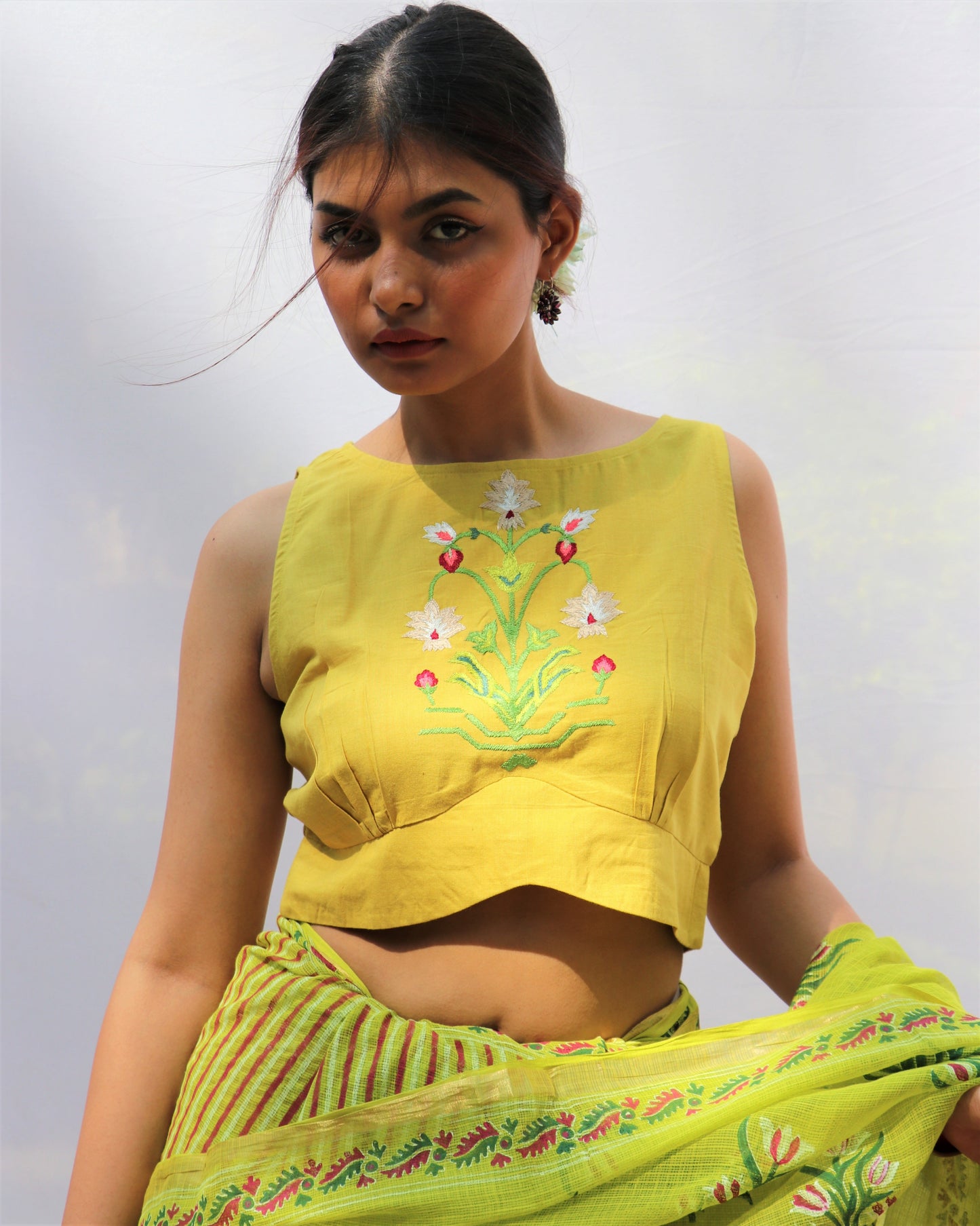 Chidiyaa Sunkissed Yellow Sleeveless Hand Embroidered Handwoven Cotton Blouse - Fos