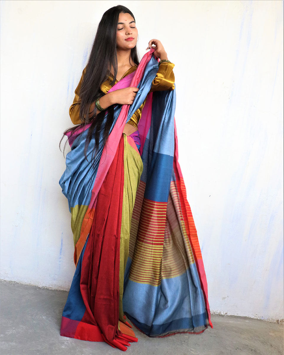 Chidiyaa Blue Red Handwoven Cotton Viscose Saree Holi with Unstitched Blouse