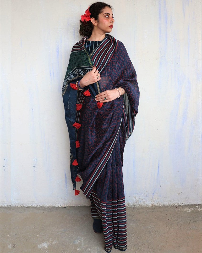 Chidiyaa Blue Chanderi Saree with Unstitched Blouse