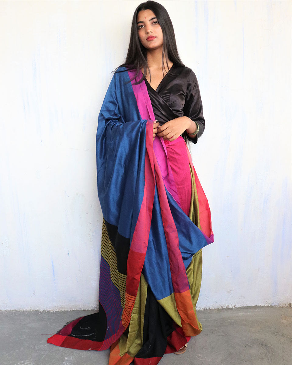 Chidiyaa Blue Black Handwoven Cotton Viscose Saree Holi with Unstitched Blouse