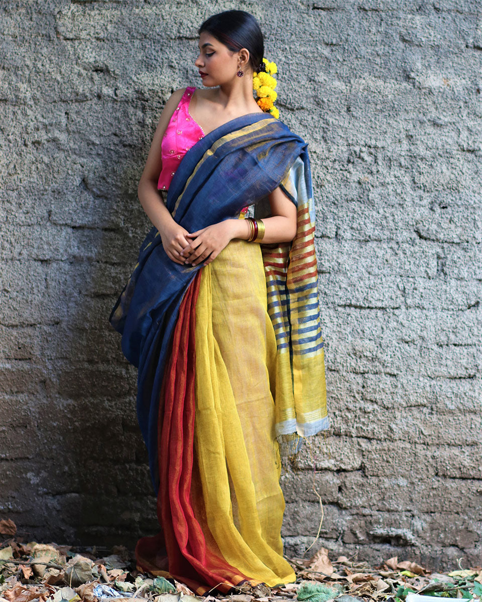 Chidiyaa Justuju Multi-Color Handwoven Linen Zari Saree with Unstitched Blouse - Gazala
