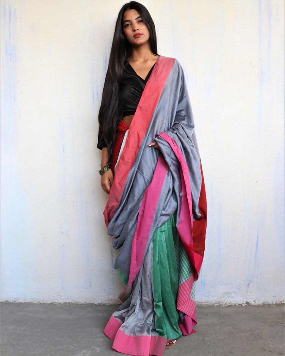 Chidiyaa Grey Green Handwoven Cotton Viscose Saree Holi with Unstitched Blouse