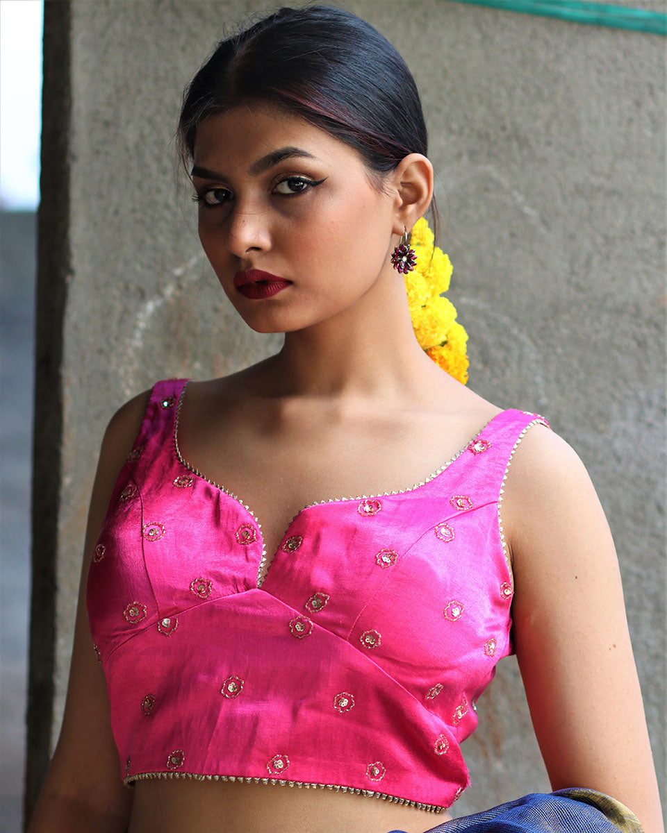 Chidiyaa Passionate Pink Hand Embroidered Sleeveless Blouse In Mashru Silk - Gazala
