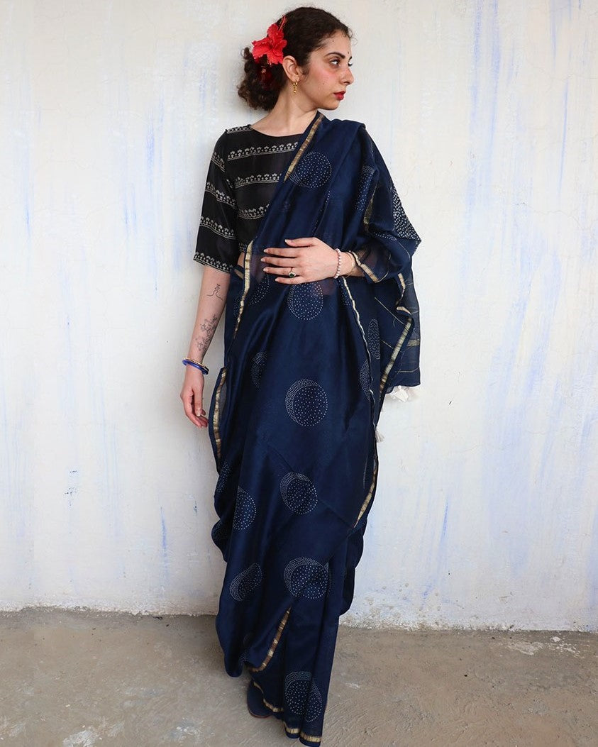 Chidiyaa Blue Chanderi Saree with Unstitched Blouse