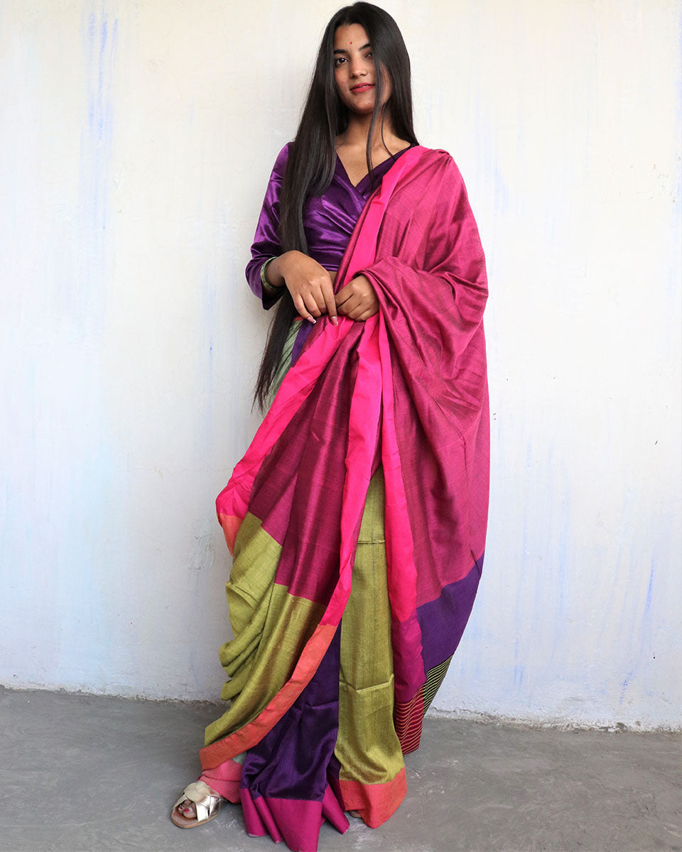 Chidiyaa Rani Green Handwoven Cotton Viscose Saree Holi with Unstitched Blouse