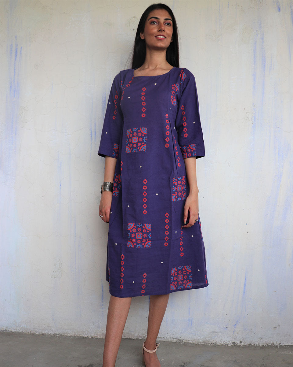 CHIDIYAA Blue Pure Cotton Block Printed Dress Ajooni