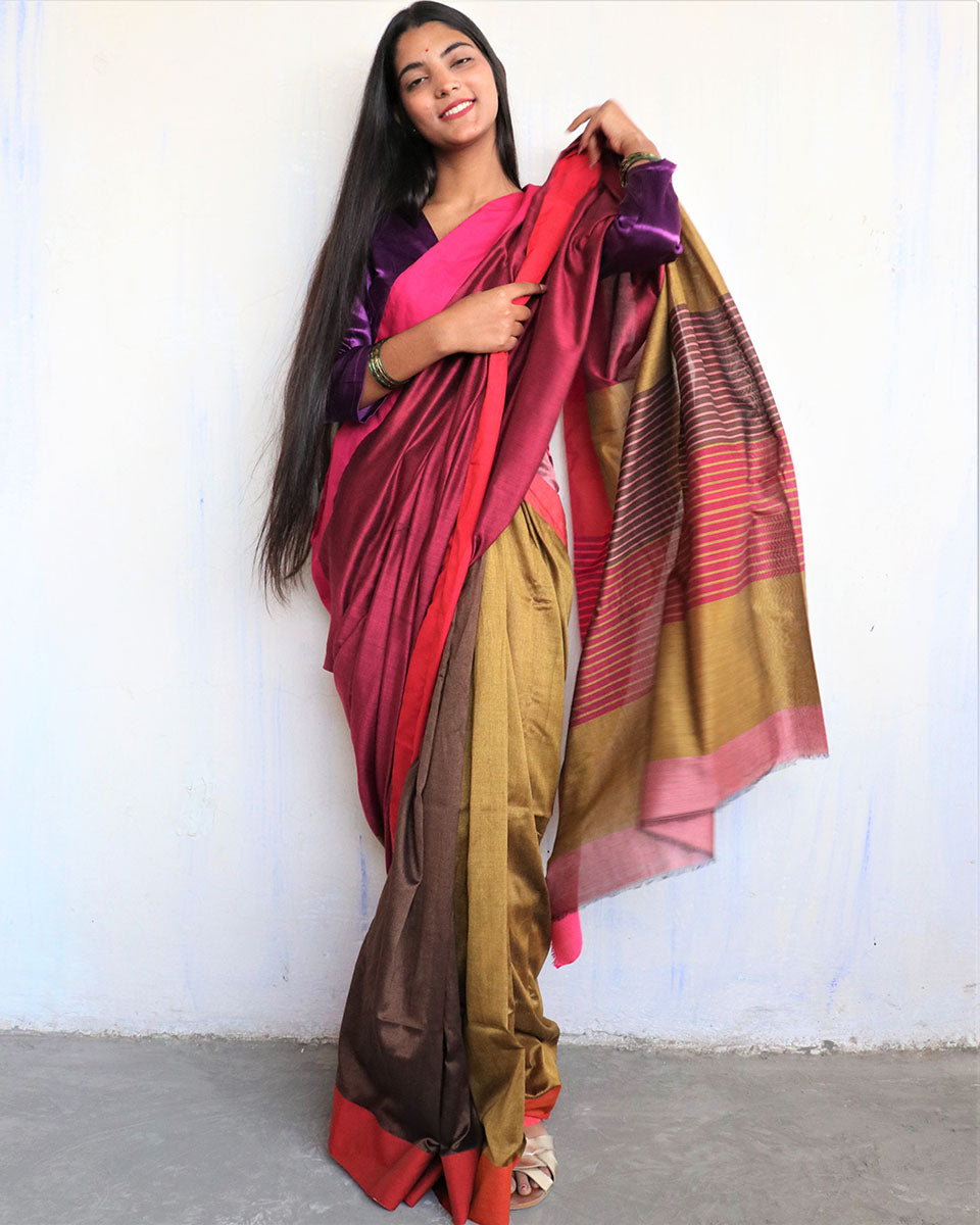 Chidiyaa Rani Brown Handwoven Cotton Viscose Saree Holi with Unstitched Blouse
