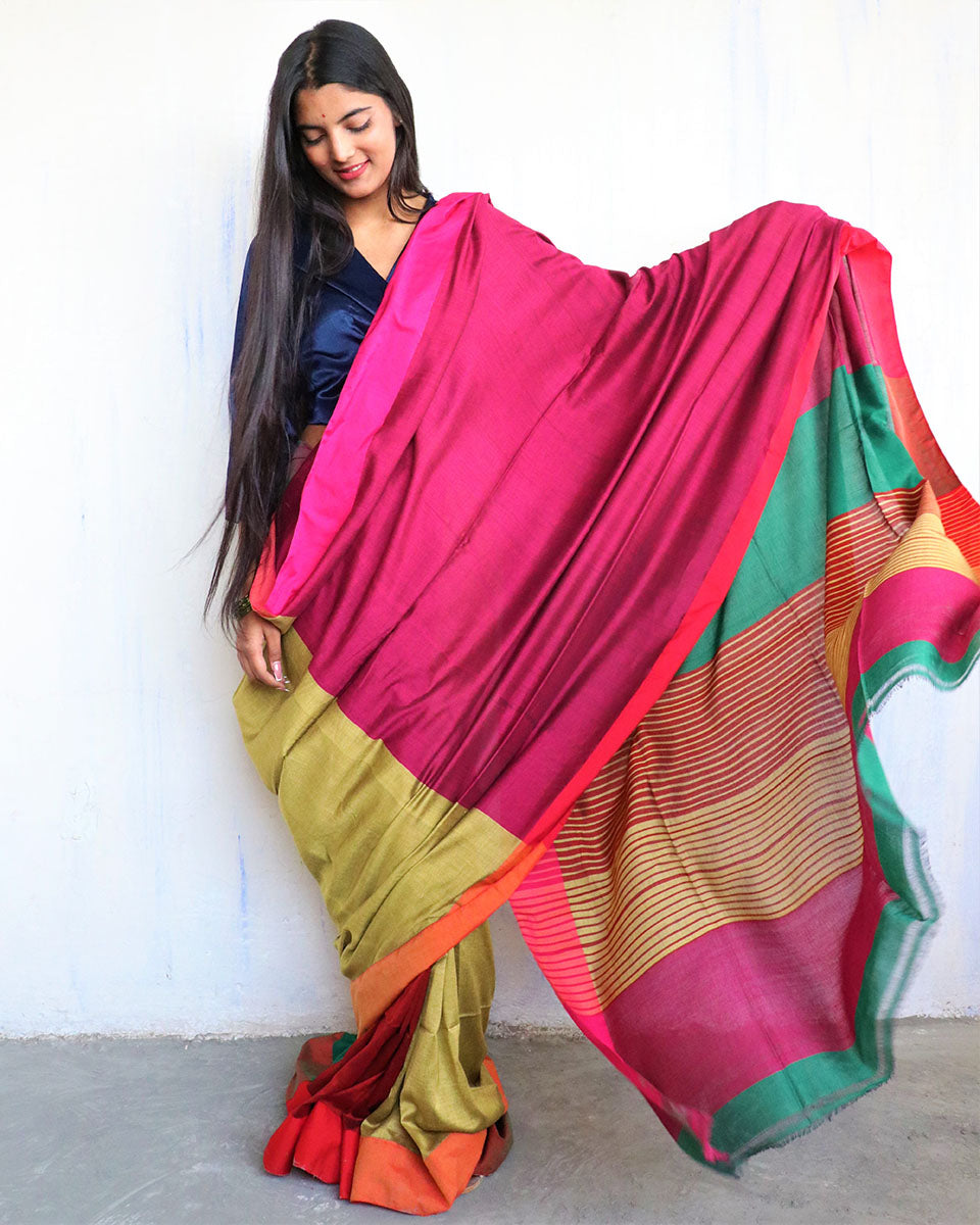 Chidiyaa Rani Green Handwoven Cotton Viscose Saree Holi with Unstitched Blouse