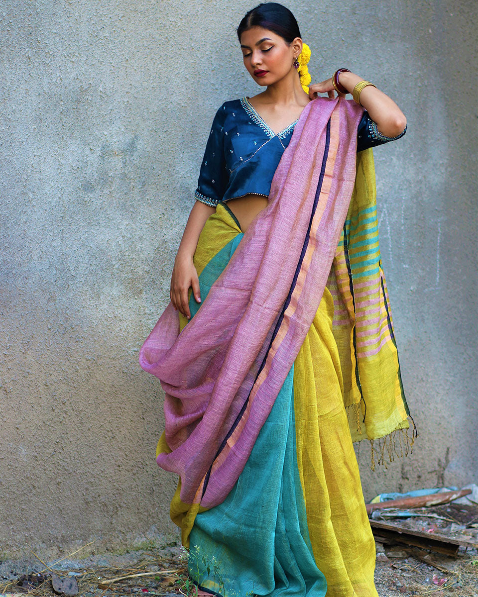Chidiyaa Nazm Lilac Multi-Color Handwoven Linen Zari Saree with Unstitched Blouse - Gazala