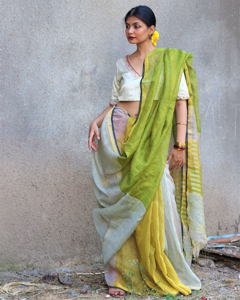 Chidiyaa Noor Lime Multi-Color Handwoven Linen Zari Saree with Unstitched Blouse - Gazala