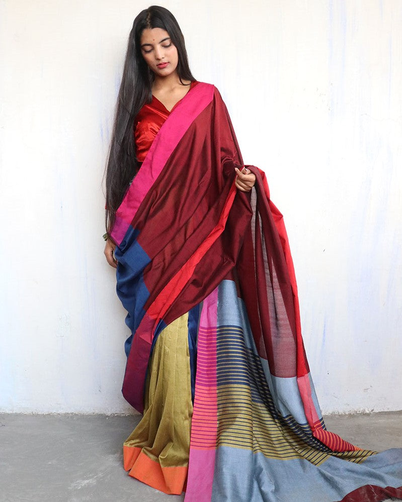Chidiyaa Maroon Green Handwoven Cotton Viscose Saree Holi with Unstitched Blouse