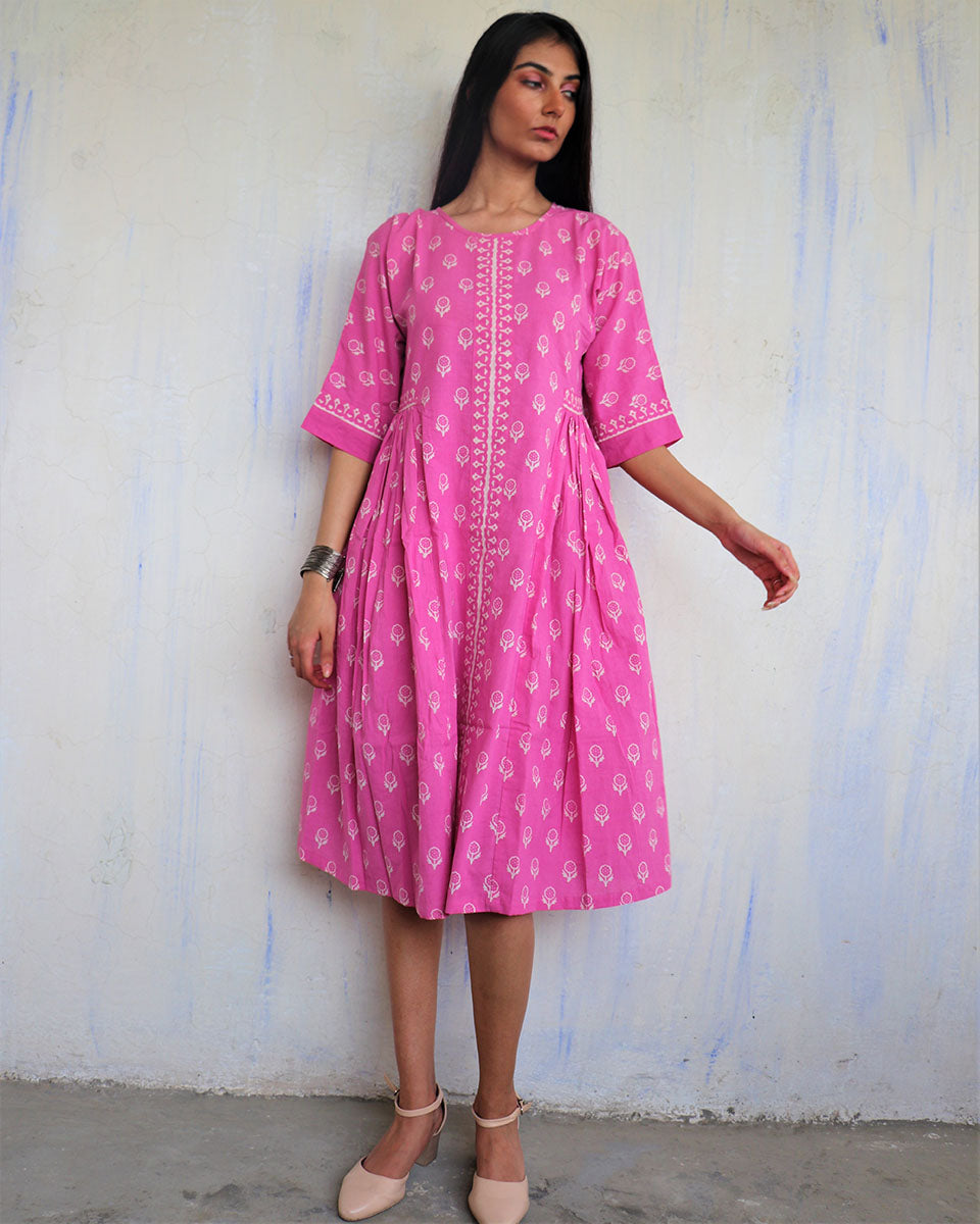 CHIDIYAA Pink Pure Cotton Block printed Dress Ajooni