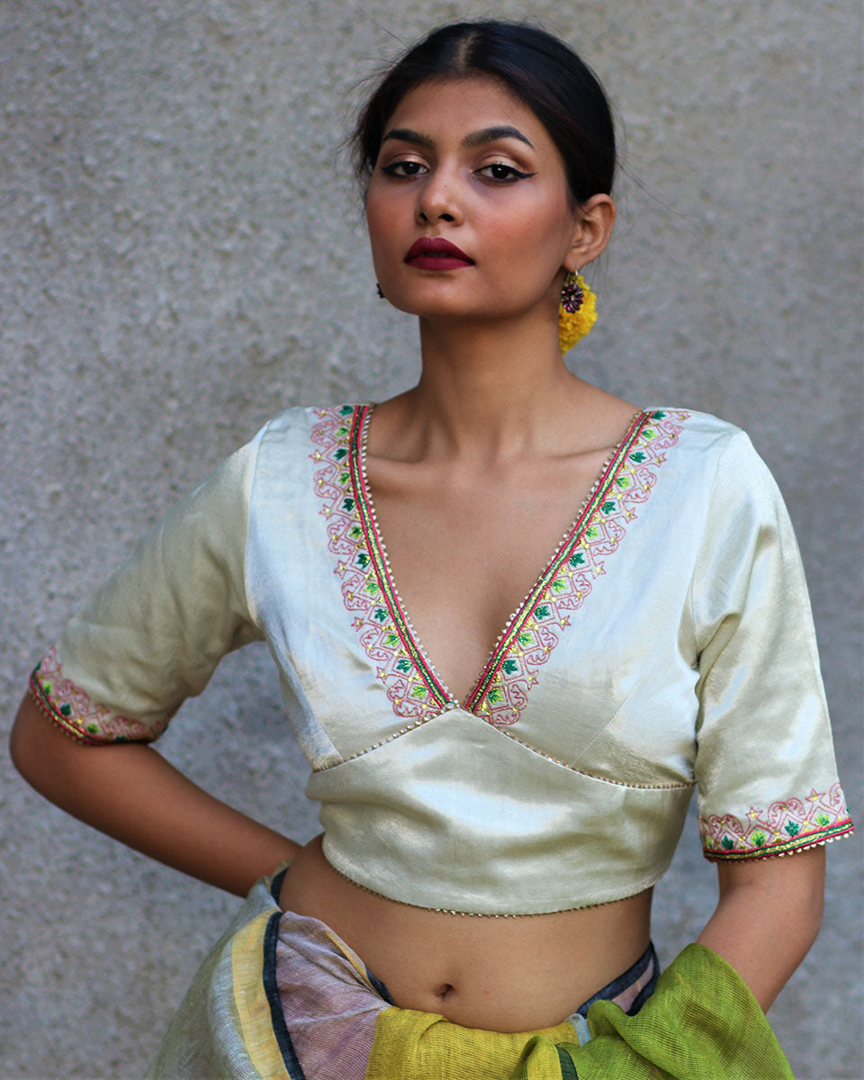 Chidiyaa Illuminous Ivory Hand Embroidered Blouse In Mashru Silk - Gazala