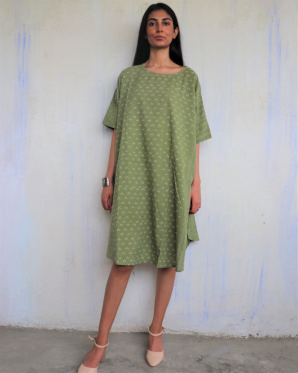 CHIDIYAA Olive Green Pure Cotton Block printed Dress Ajooni