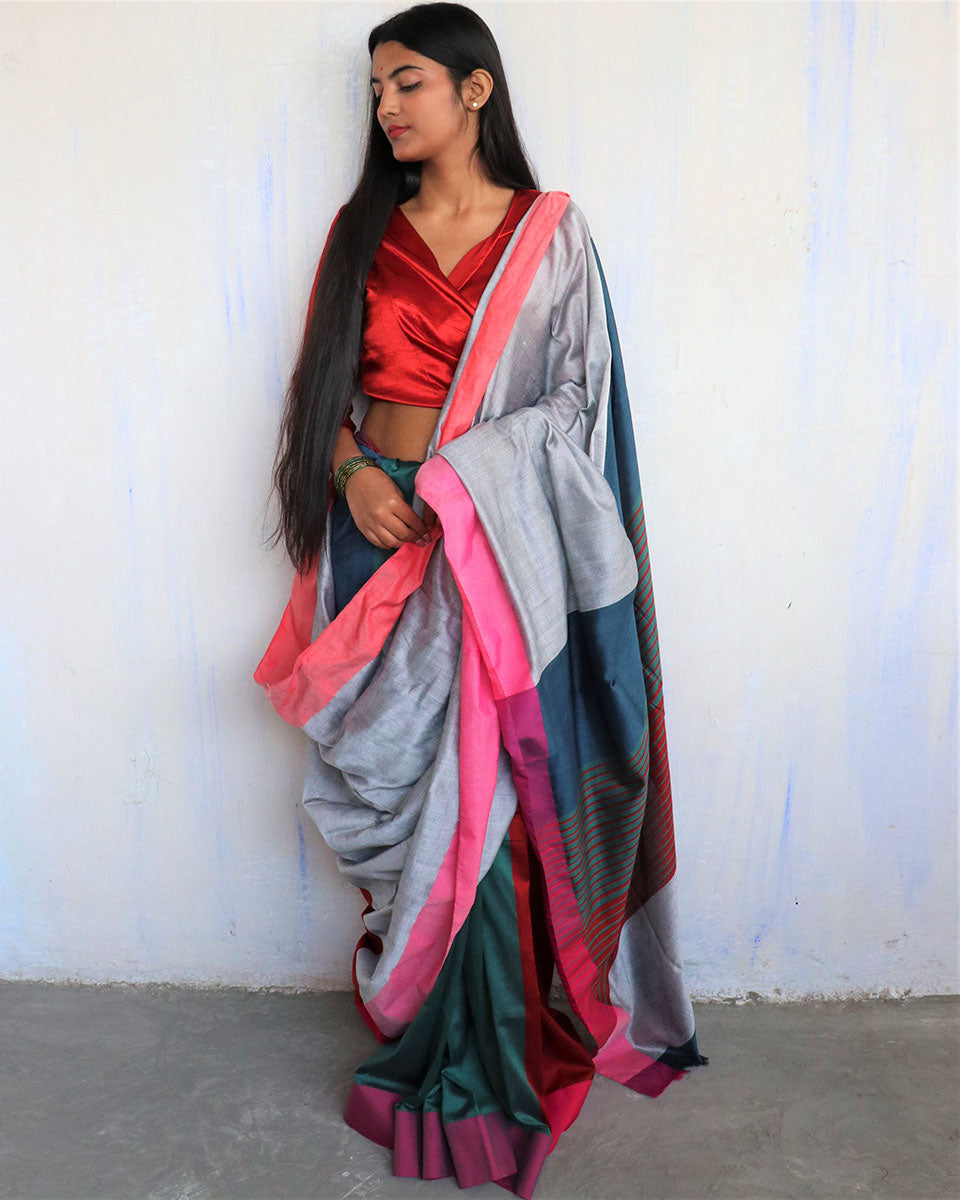 Chidiyaa Grey Green Handwoven Cotton Viscose Saree Holi with Unstitched Blouse