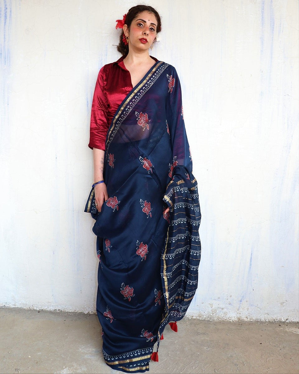 Chidiyaa Blue Chanderi Saree with Unstitched Blouse