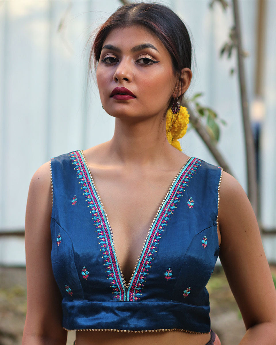 Chidiyaa Beloved Blue Hand Embroidered Sleeveless Blouse In Mashru Silk - Gazala