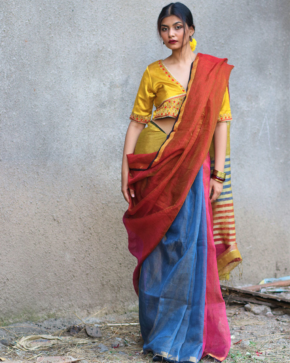 Chidiyaa Hayat Multi-Color Handwoven Linen Zari Saree with Unstitched Blouse - Gazala