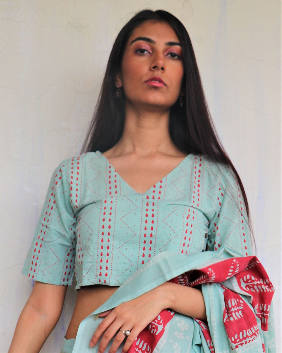 CHIDIYAA Sea Blue Block printed Cotton Blouse