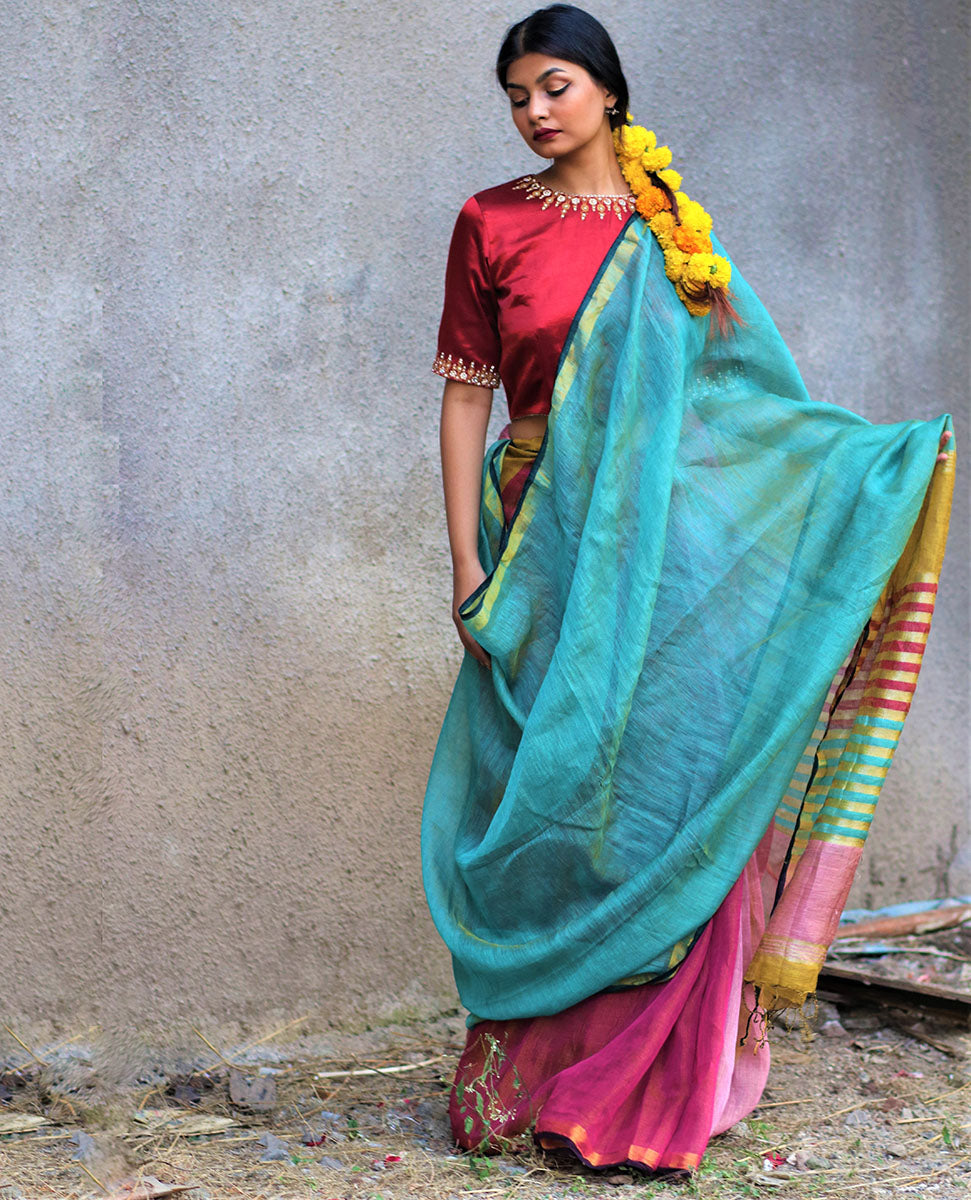 Chidiyaa Shiddat Oceanic Blue Pink Lilac Handwoven Linen Zari Saree with Unstitched Blouse - Gazala