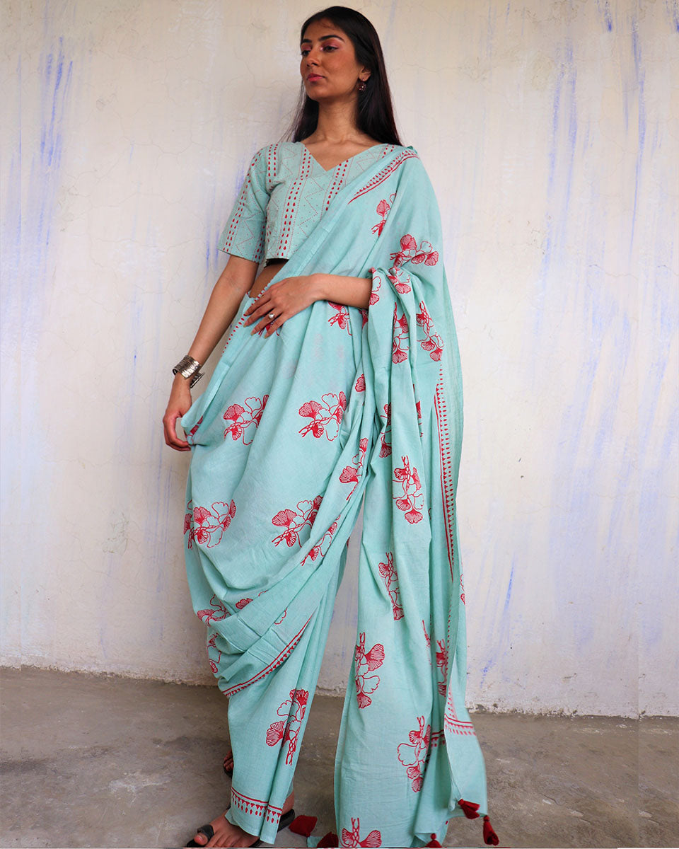 CHIDIYAA Sea Blue Block printed Cotton Saree without Blouse 1