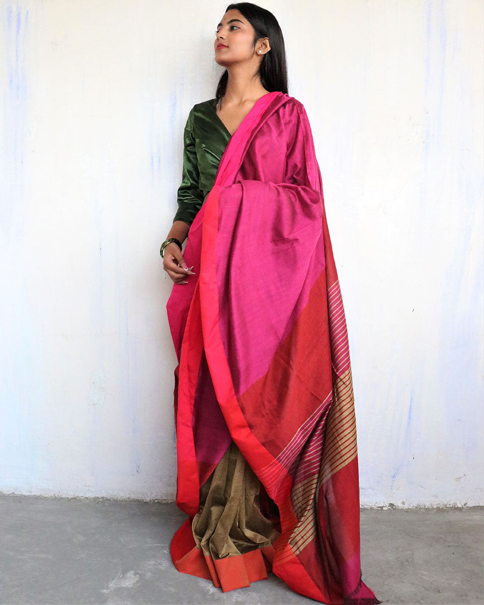 Chidiyaa Maroon Olive Handwoven Cotton Viscose Saree Holi with Unstitched Blouse