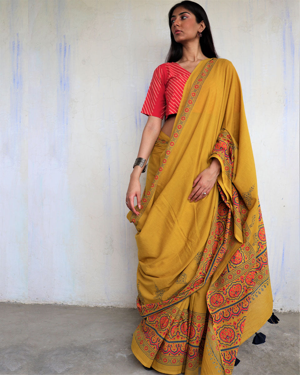 CHIDIYAA Mustard Block printed Cotton Saree without Blouse