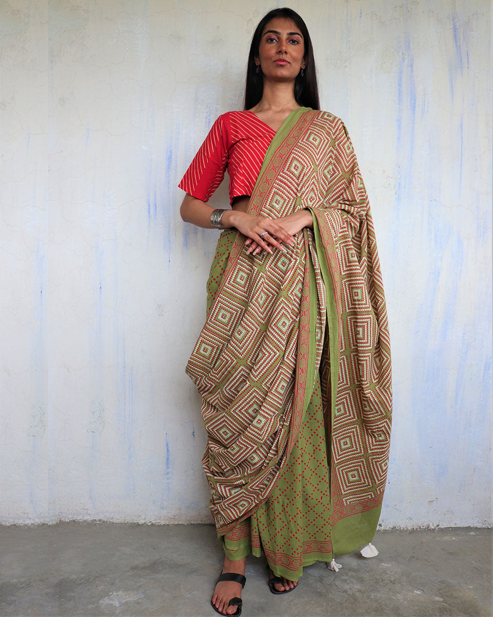 CHIDIYAA Olive Green And Red Block printed Cotton Saree without Blouse