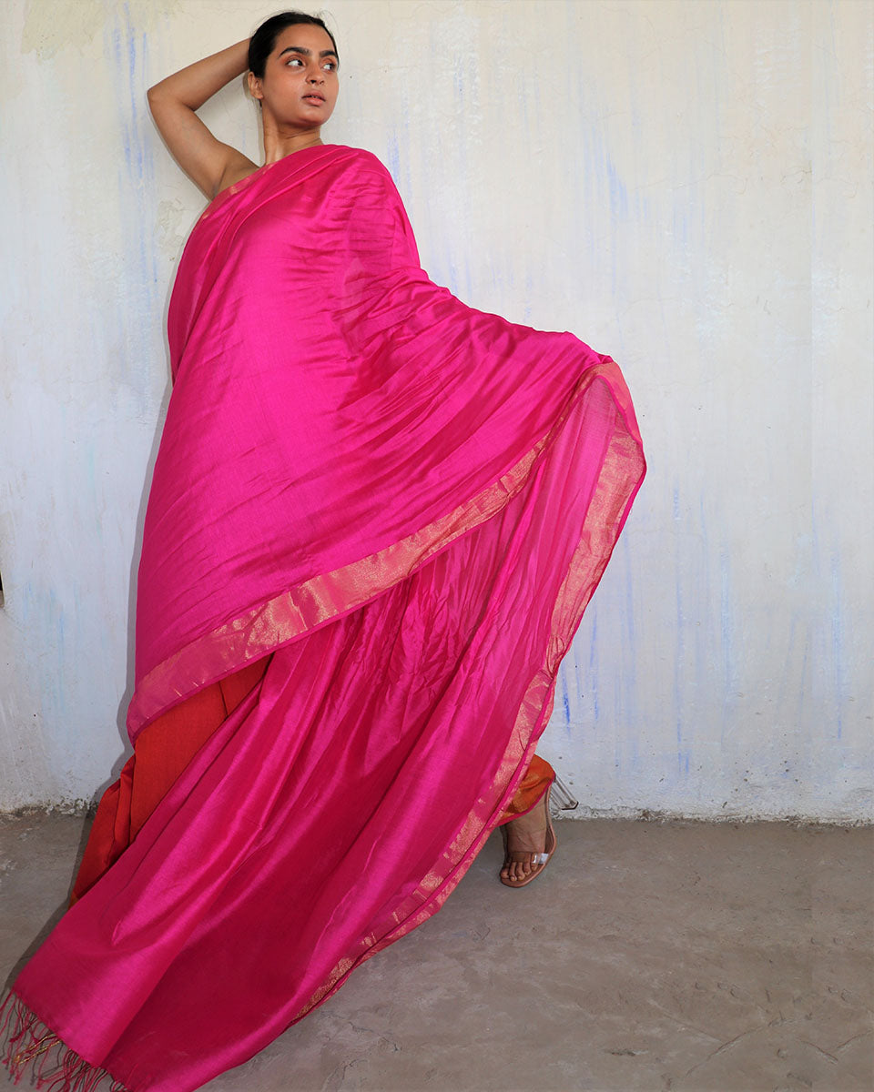 Chidiyaa Pink Red Handwoven Viscose Cotton Saree with Unstitched Blouse - Gulal