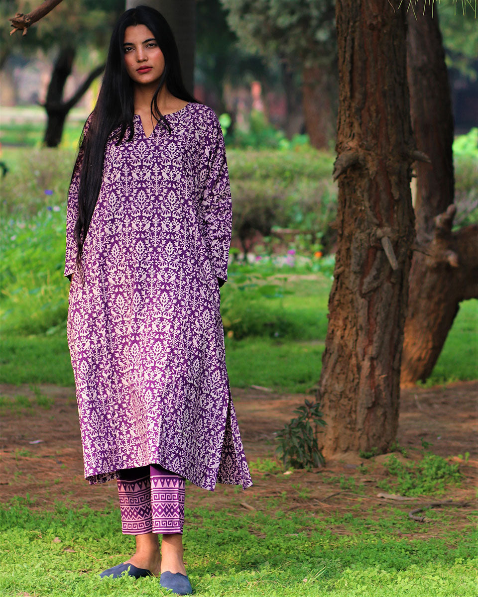 Chidiyaa Purple Cotton Kurti, Pant (Set of 2)