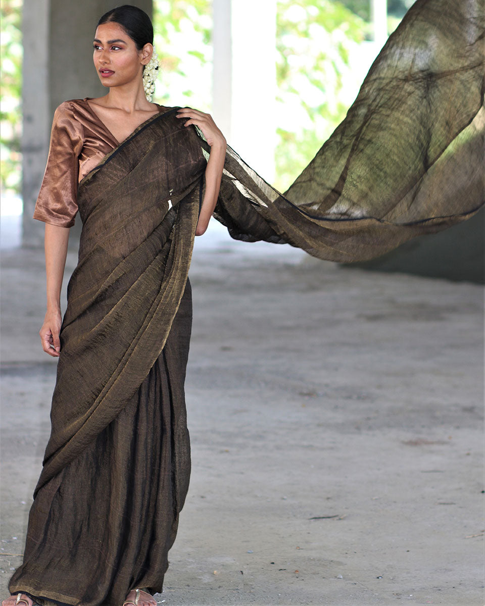 Chidiyaa Black Linen Saree with Unstitched Blouse