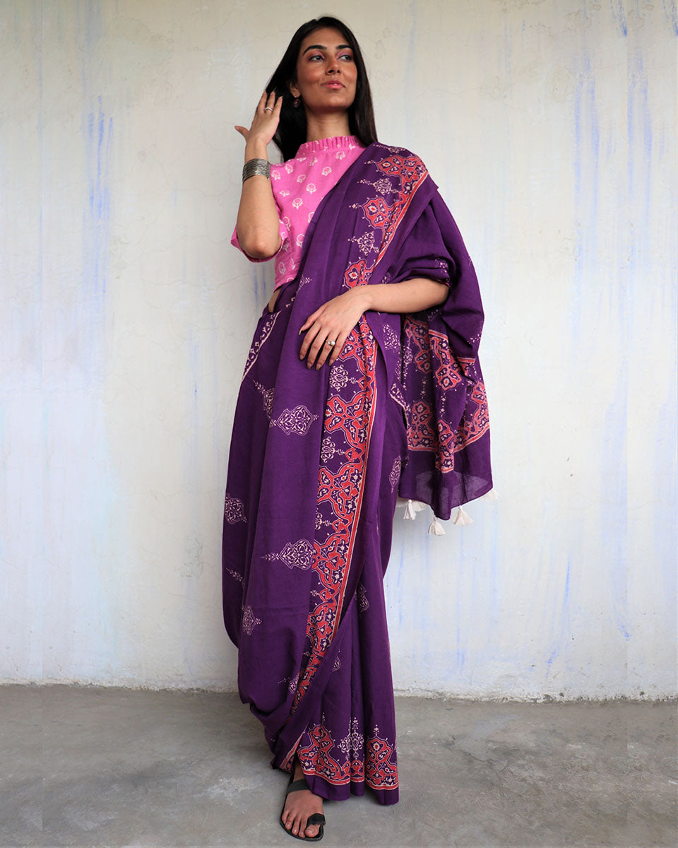 CHIDIYAA Purple Pure Cotton Block printed Saree without Blouse