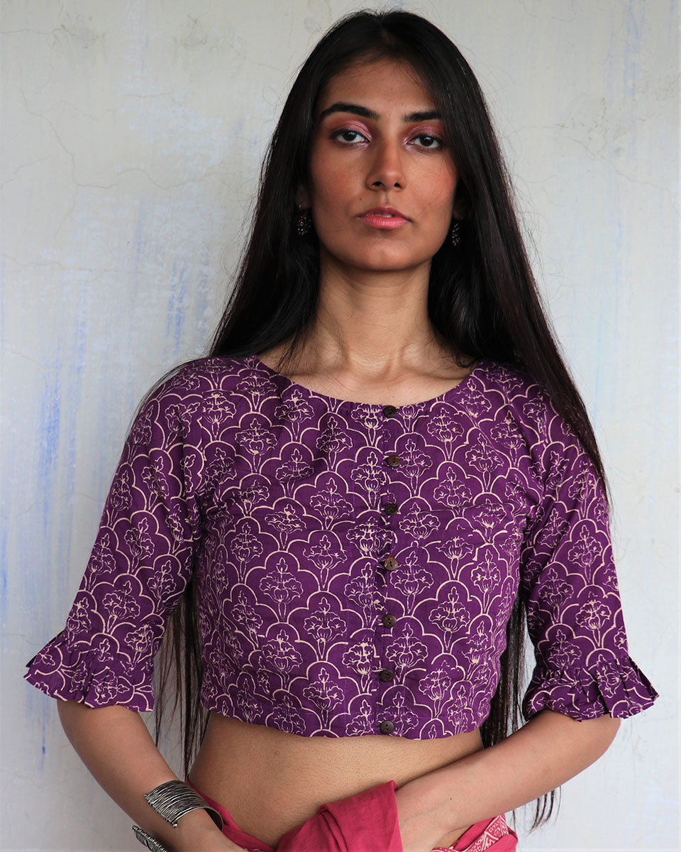 CHIDIYAA Purple Pure Cotton Block printed Blouse