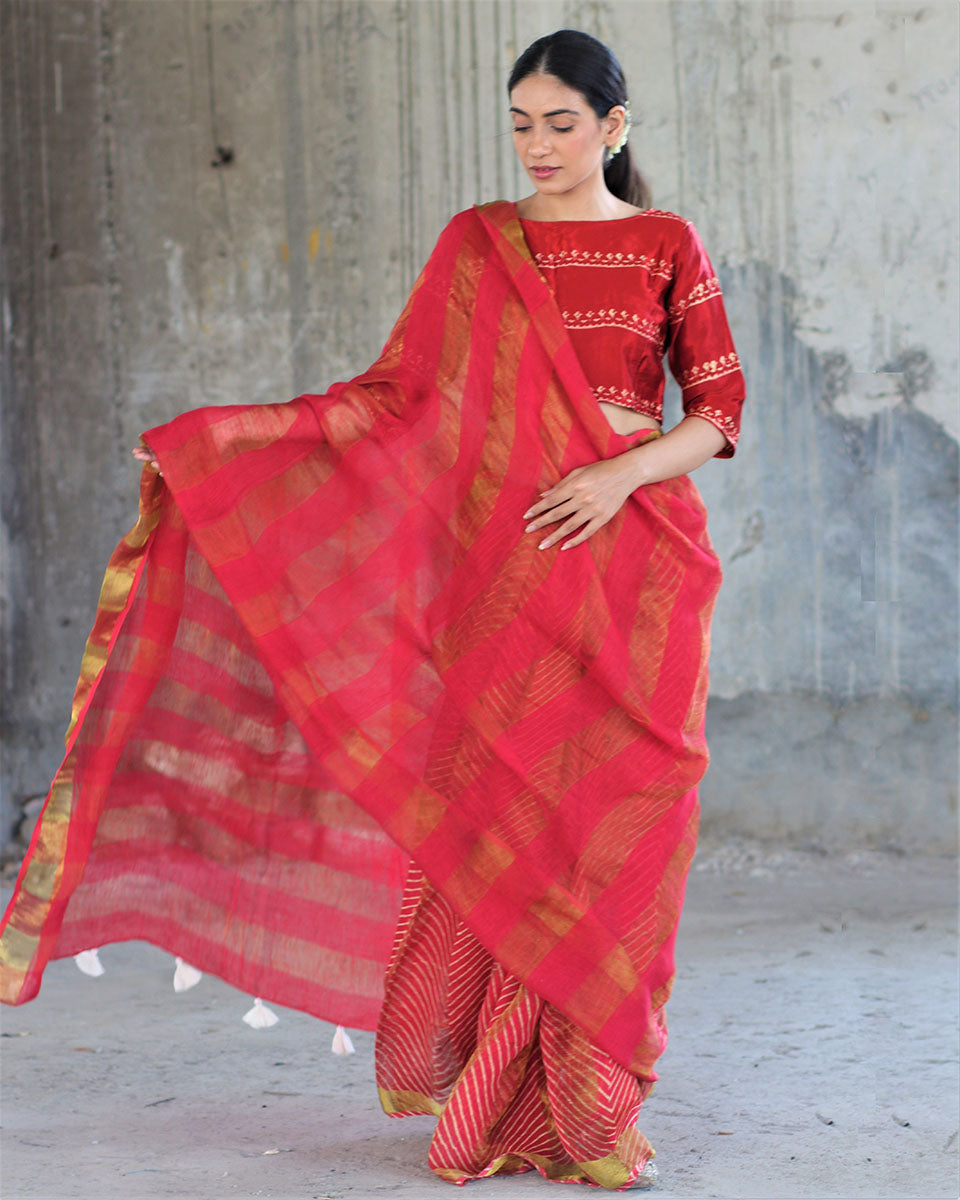 Chidiyaa Anant Red Block Printed Handwoven Linen Zari Saree