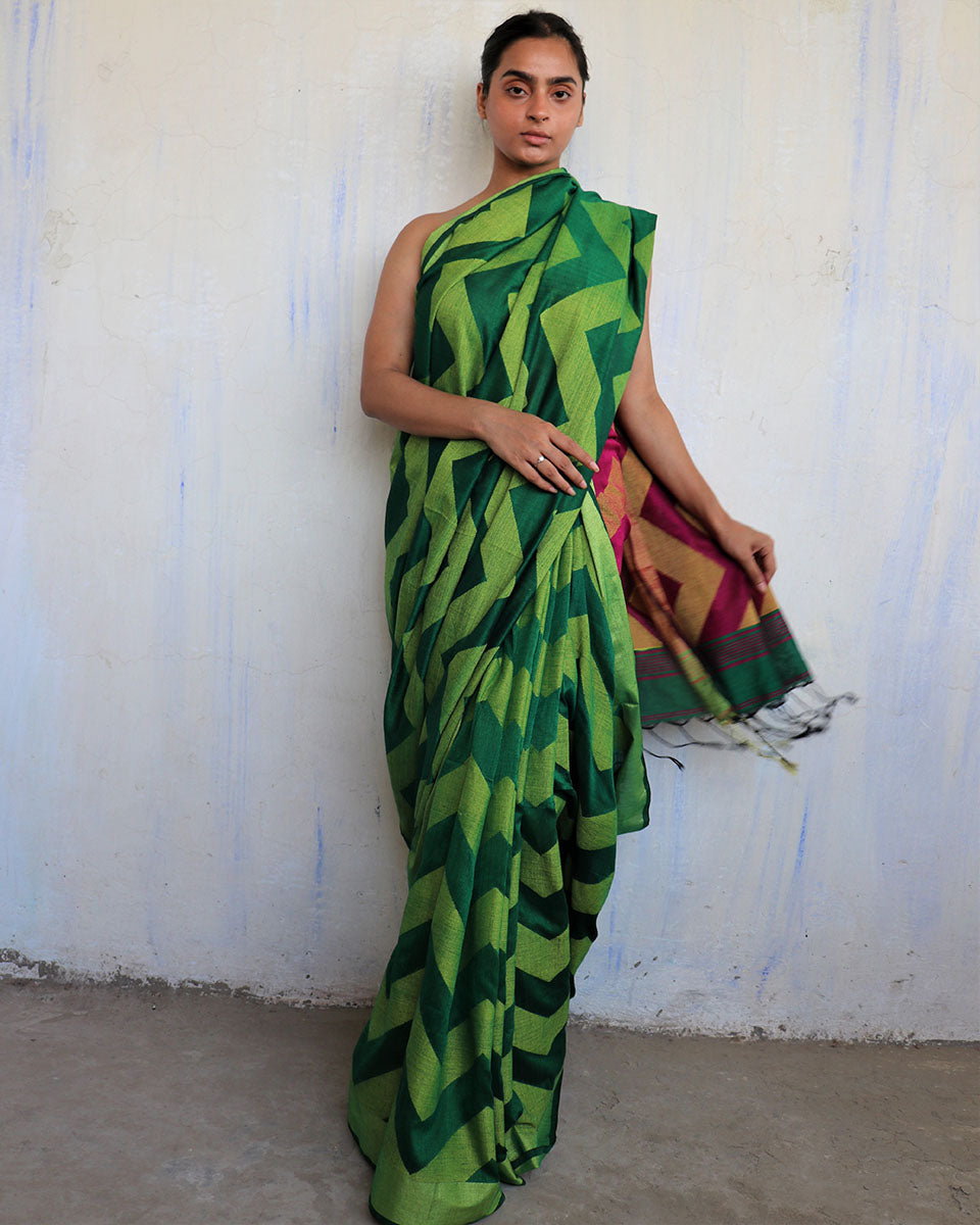 Chidiyaa Rust Green Rani Handwoven Viscose Cotton Saree with Unstitched Blouse - Gulal