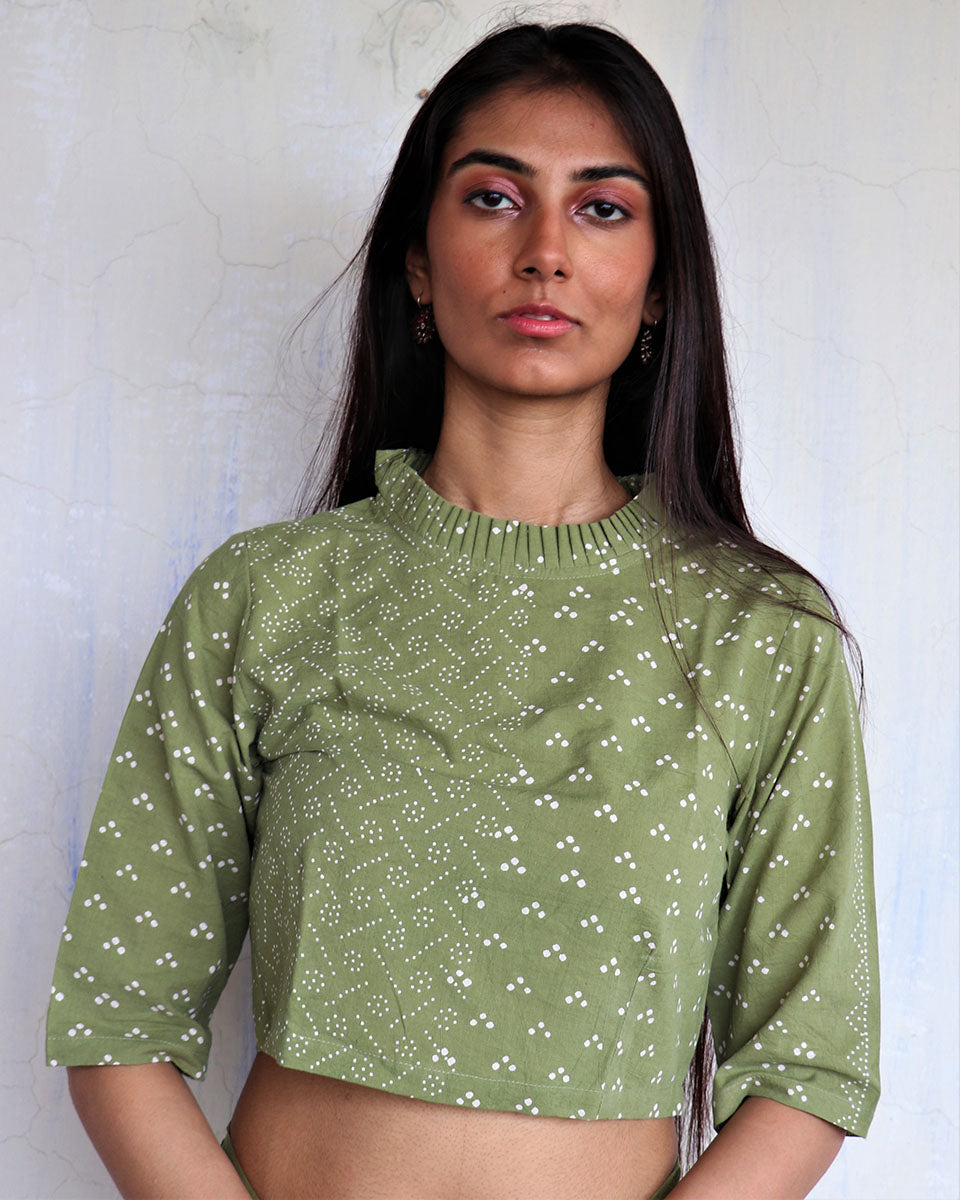 CHIDIYAA Olive Green Pure Cotton Block printed Blouse