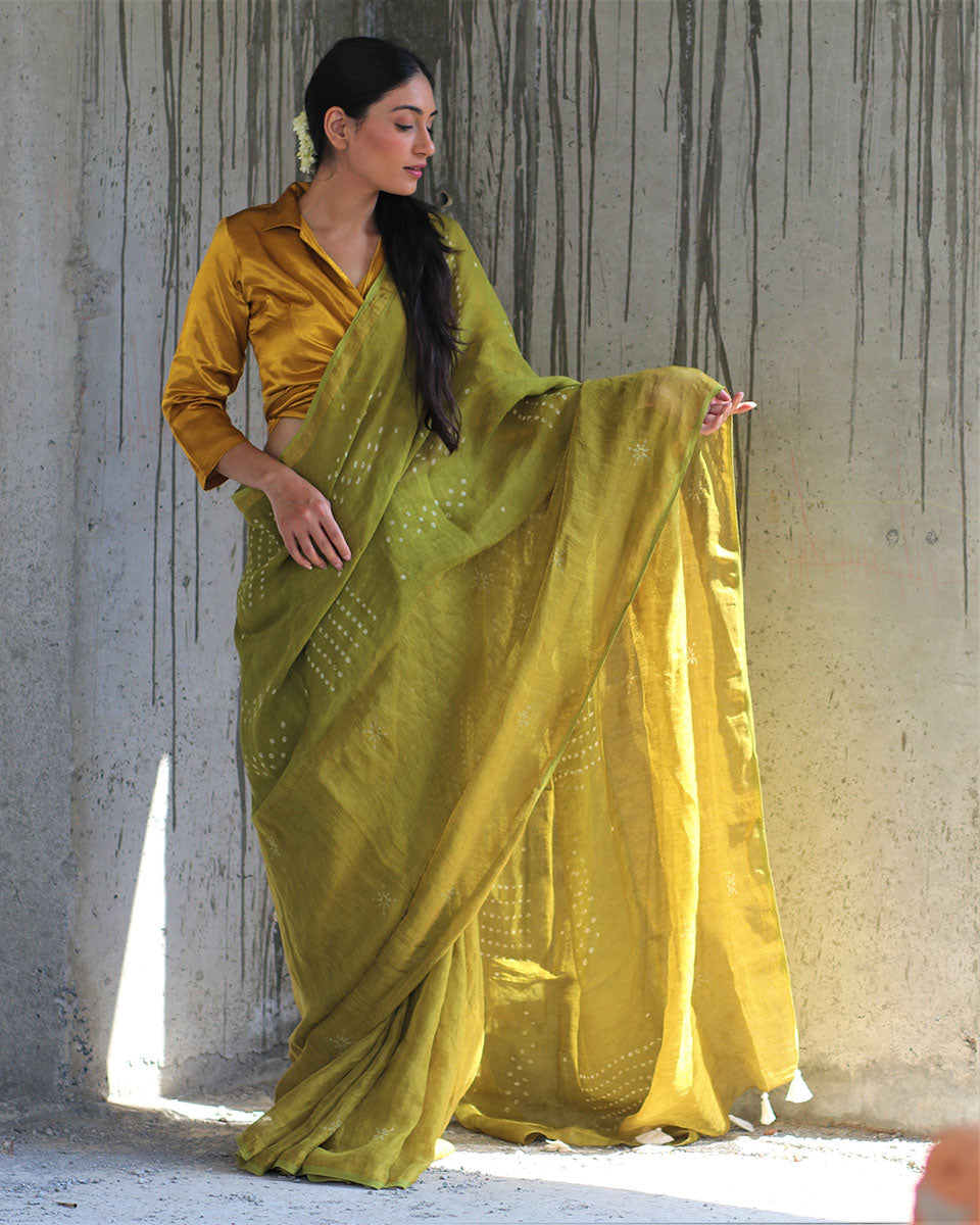 Chidiyaa Anant Basil Block Printed Handwoven Linen Zari Saree