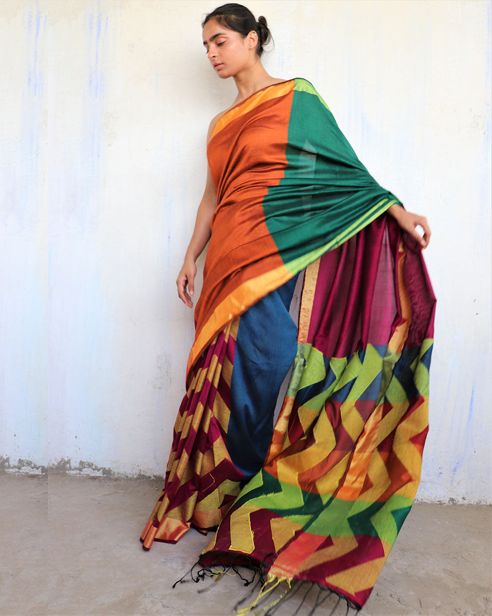 Chidiyaa Multicolor Handwoven Viscose Cotton Saree with Unstitched