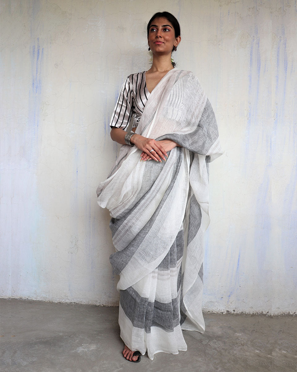 Chidiyaa Padmini White Grey Handwoven Linen Saree