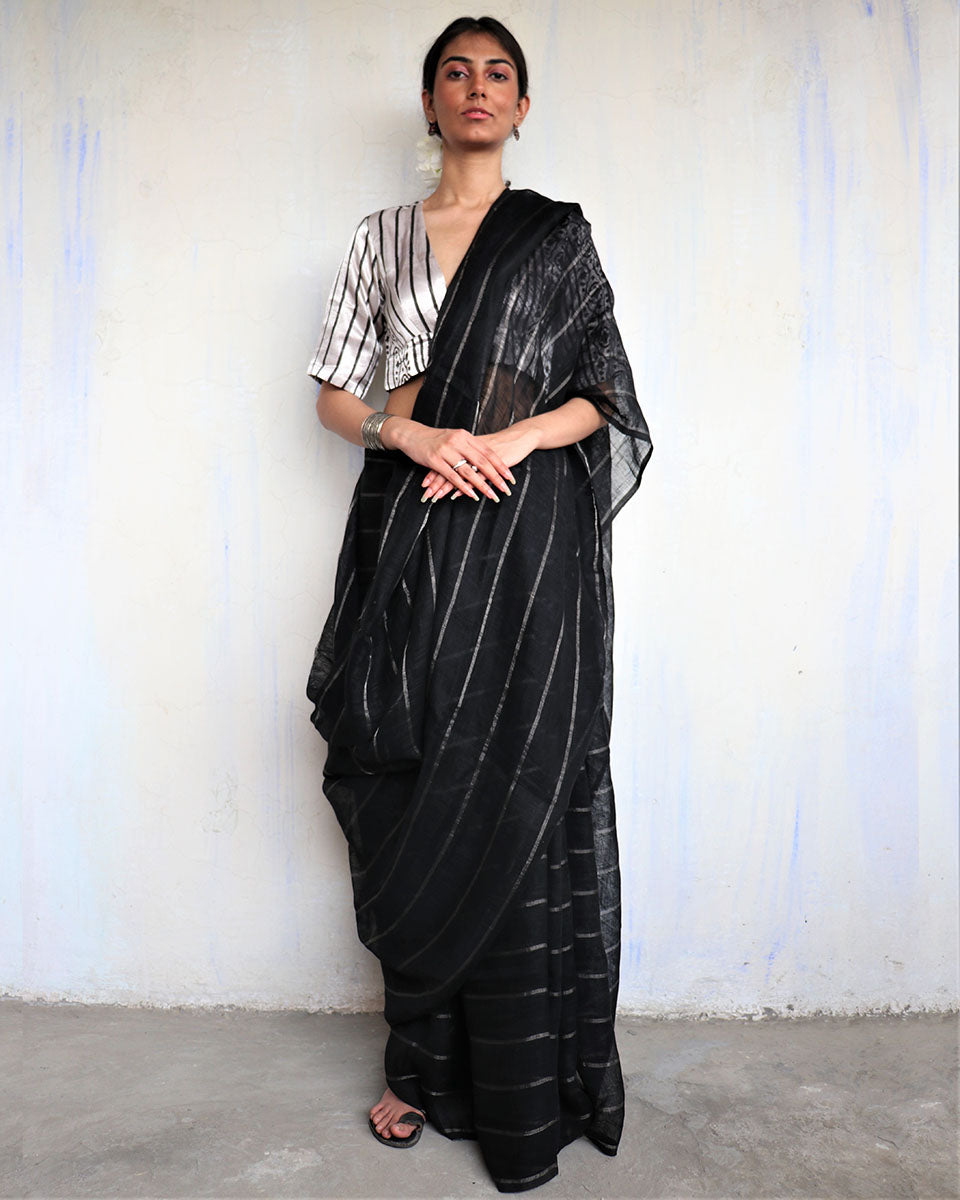Chidiyaa Nutan Silver Striped Black Handwoven Linen Saree