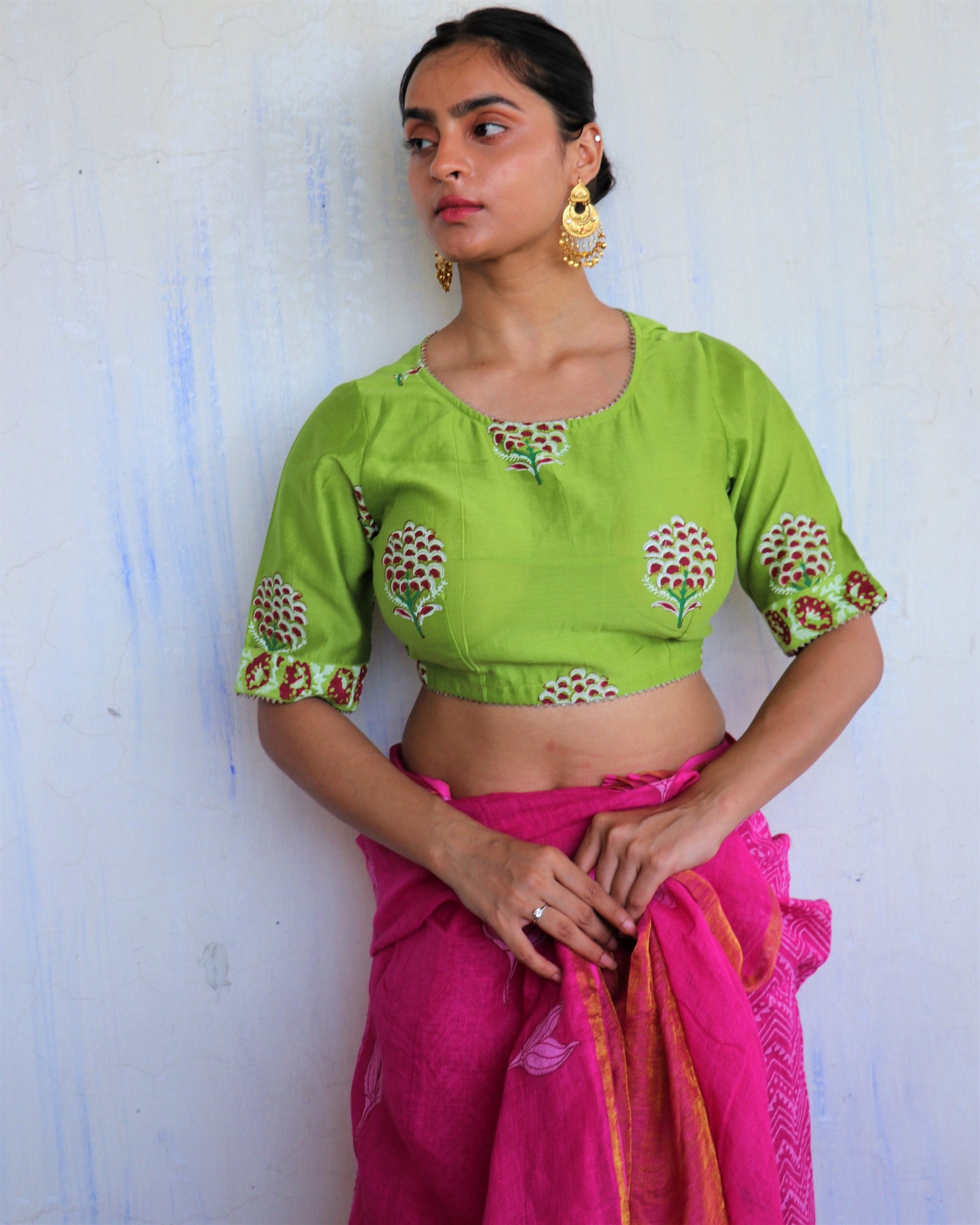 Chidiyaa Parrot Green Block Printed Chanderi Blouse - Soni